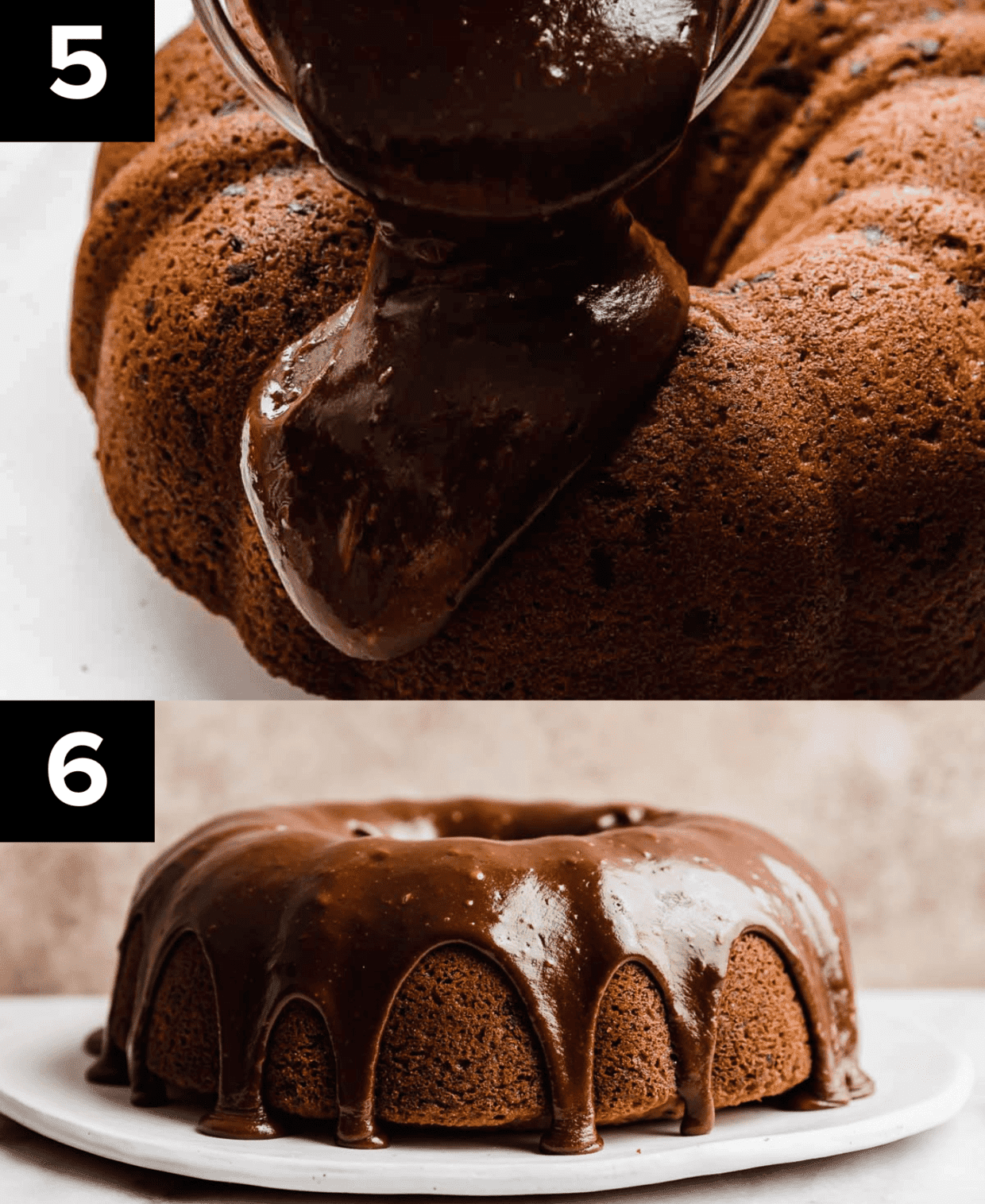 Two images, top image has chocolate ganache pouring overtop a Chocolate Chip Bundt Cake, bottom image is a fully chocolate glazed Chocolate Chip Bundt Cake against a light brown background.