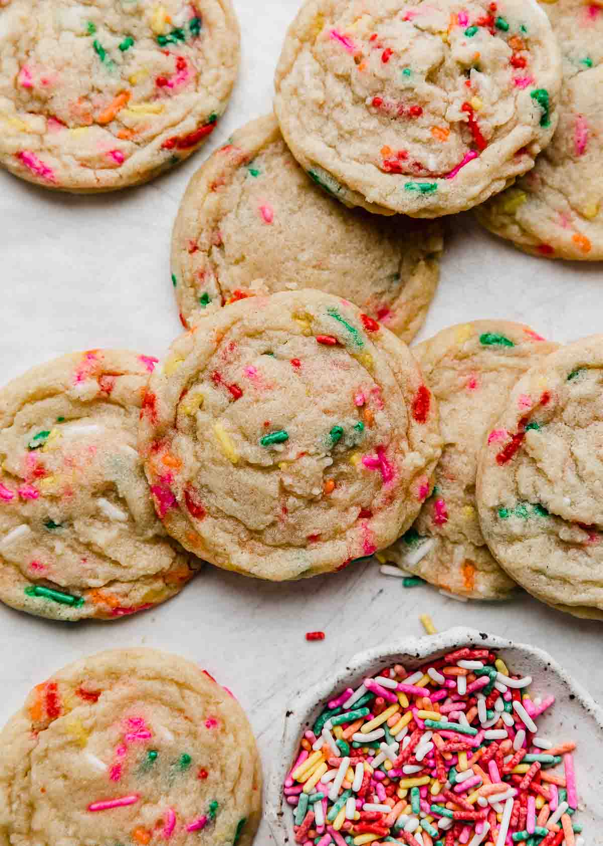 Soft Funfetti Cookies on a white background.