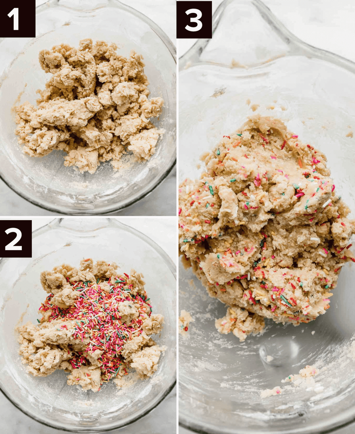Three photos showing how to make Funfetti Cookie dough, in a glass stand mixer bowl on a white background.