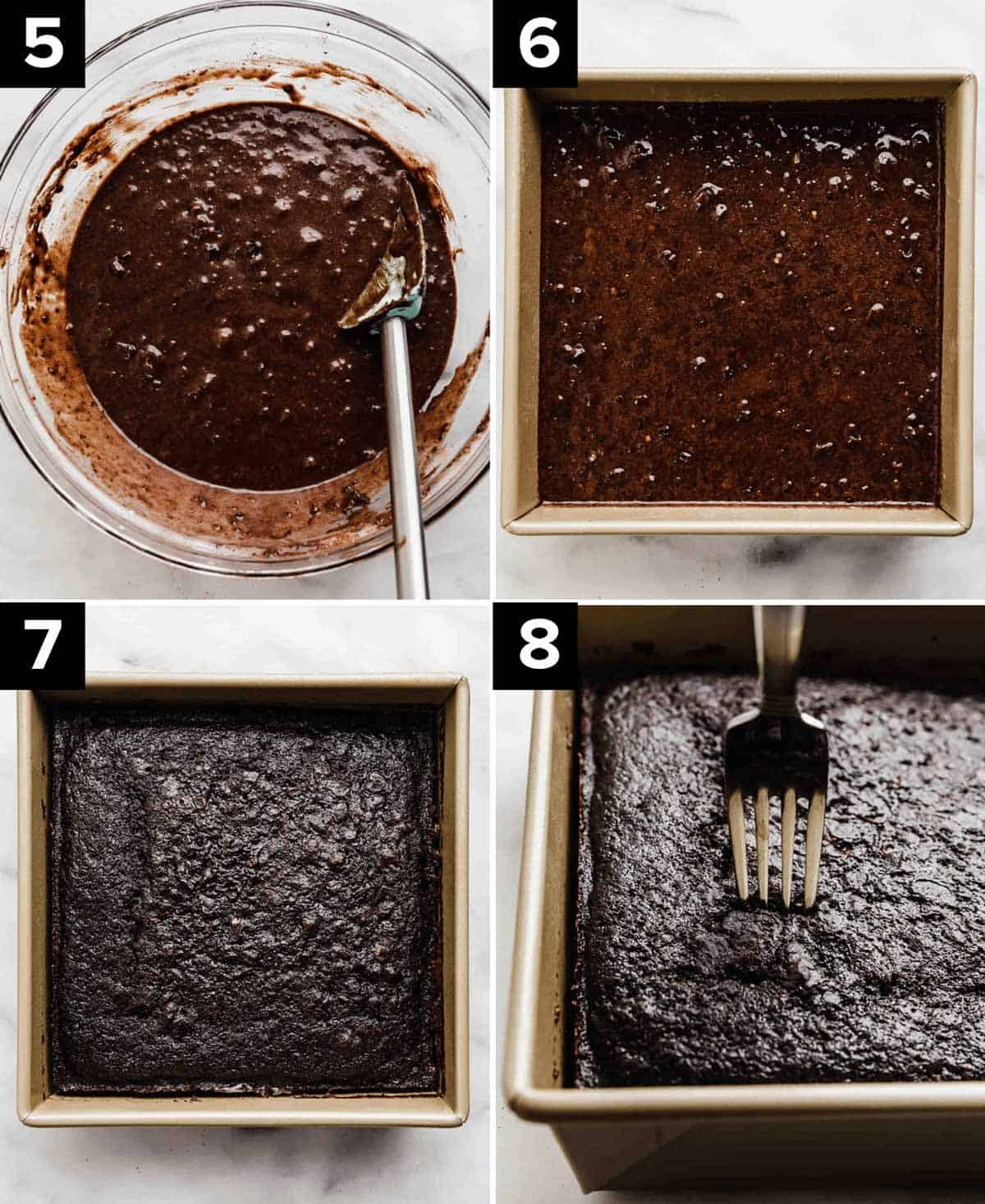 Four images showing how to make Chocolate Tres Leches Cake: top left image is chocolate batter in glass bowl, top right image is square pan filled with brown cake batter, bottom left photo is baked Chocolate Tres Leches Cake in square pan, bottom right photo is a fork piercing into a Chocolate Tres Leches Cake.