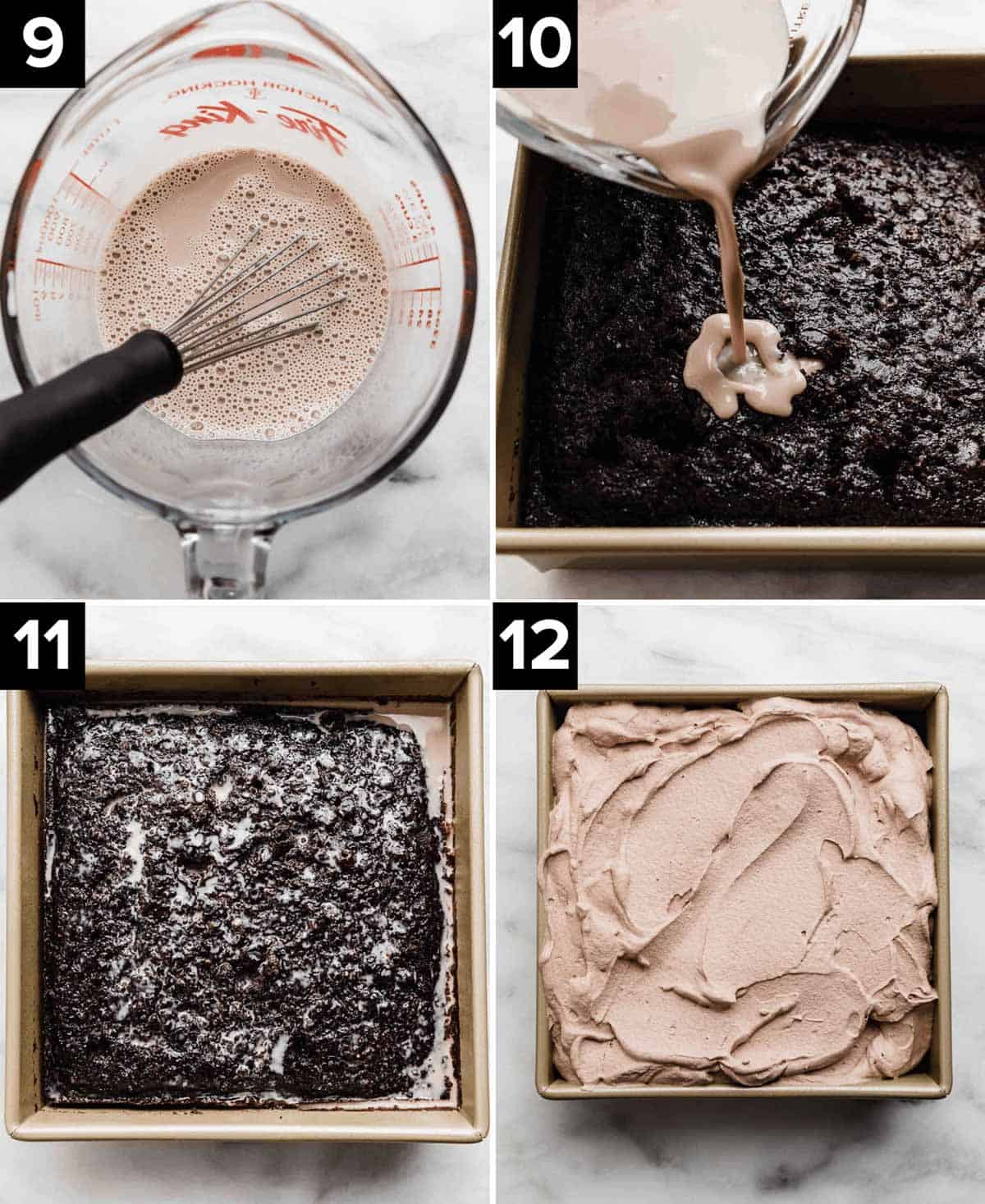 Four images showing the process of how to make Chocolate Tres Leches Cake, top left photo is light brown liquid in measuring cup, top right the liquid mixture is being poured over chocolate cake, bottom left is 3 milk chocolate cake in square pan, bottom right photo is chocolate whipped cream topped Chocolate Tres Leches Cake.