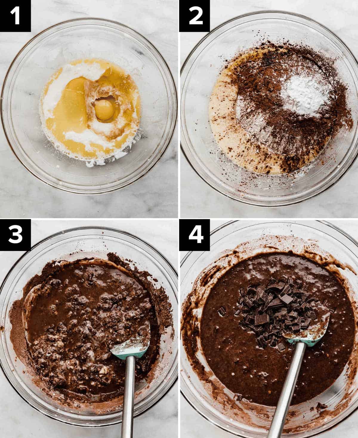 Four images showing how to make Chocolate Tres Leches cake batter using a glass bowl on a white marble background: wet ingredients, dry ingredients, and then the mixing of the brown batter.