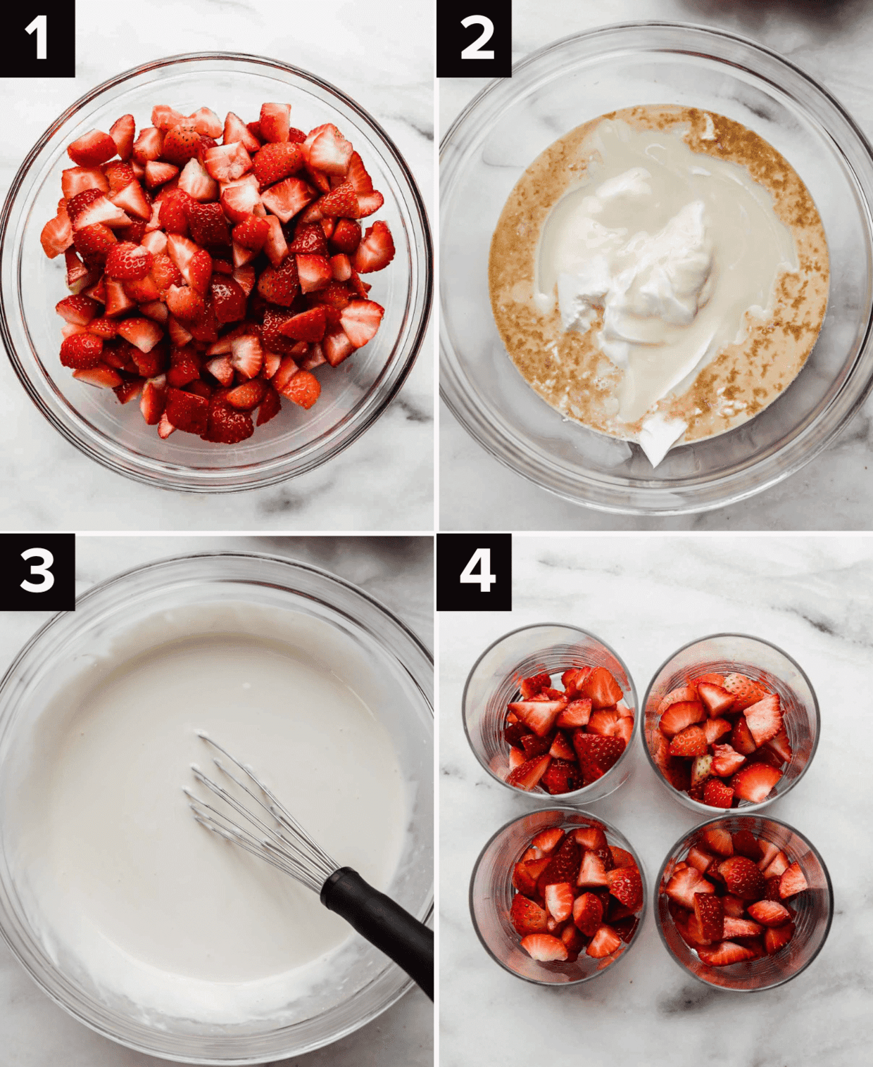 Four images showing the process of making ,Strawberries and Cream (Fresas con Crema), top left is diced strawberries in glass bowl, top right is sour cream, and milks and vanilla in bowl, bottom left is whisk in a white liquid mixture, bottom left is four glass cups filled with chopped strawberries. 