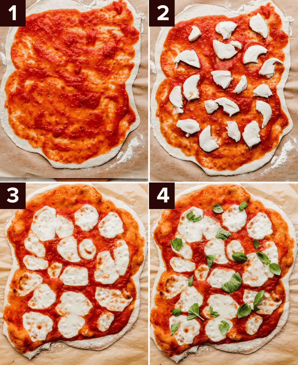Four images showing the process of how to make an Authentic Margherita Pizza, using canned crushed tomatoes, fresh mozzarella, and fresh basil.
