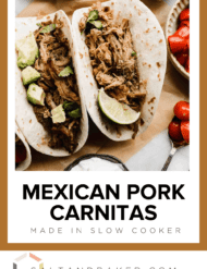 Pork carnitas on a tan paper with "Mexican pork carnitas, made in slow cooker" written below the photo.