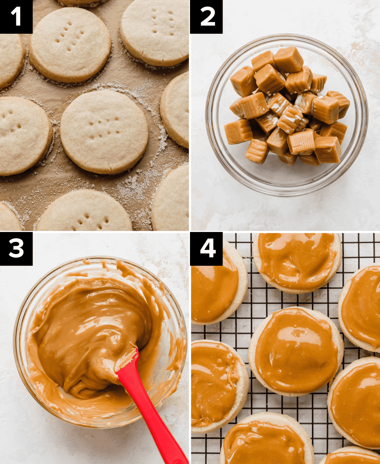 Four images showing how to make Twix Cookies, top left is shortbread cookies on parchment paper, top right is glass bowl filled with unwrapped caramels, bottom left is smooth caramel in glass bowl, bottom right is caramel topped shortbread cookies.