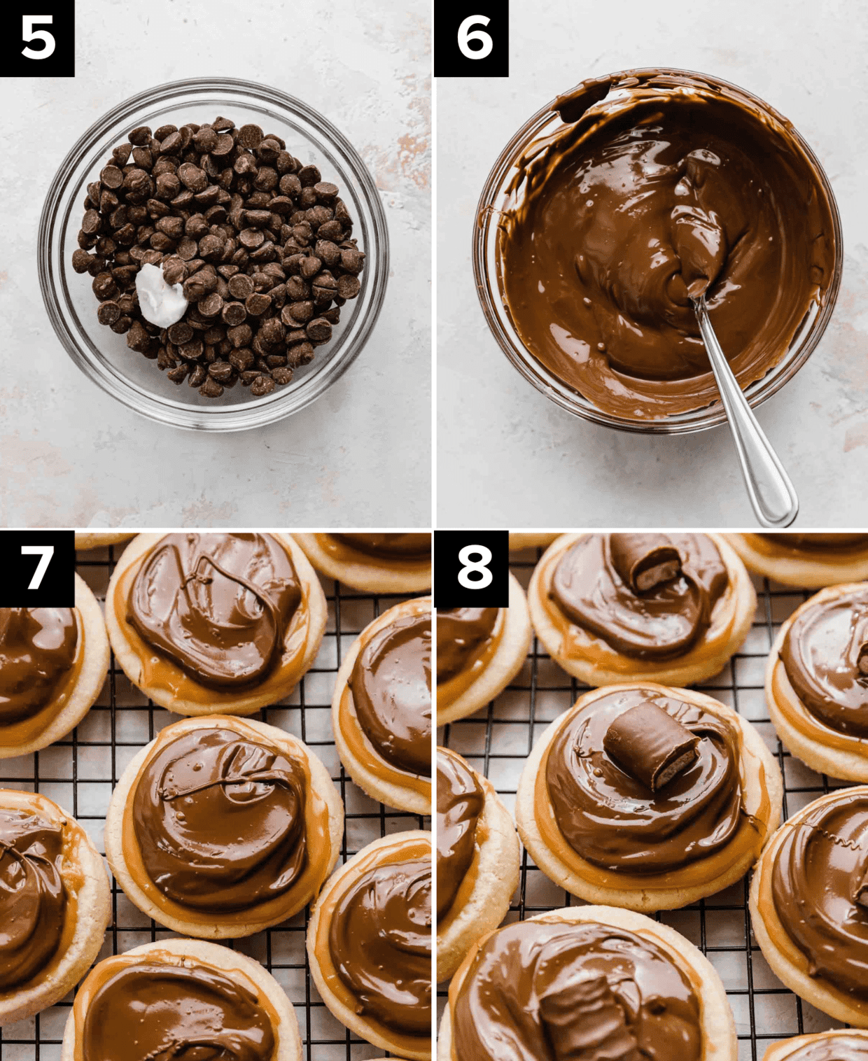 Four images showing how to make Twix Cookies, top left is chocolate chips in glass bowl, top right tis melted chocolate in glass bowl, bottom left is caramel and chocolate topped shortbread cookies, bottom right is mini Twix bar topped on Twix cookies.