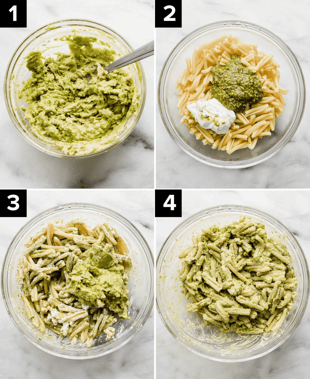 Four images showing how to make Avocado Pesto Pasta, top left is mashed avocado in glass bowl, top right is glass bowl with cooked pasta, sour cream and basil pesto, bottom left is noodles tossed in sour cream and pesto with mashed avocado on top, and bottom right is a glass bowl with Avocado Pesto Pasta in it.