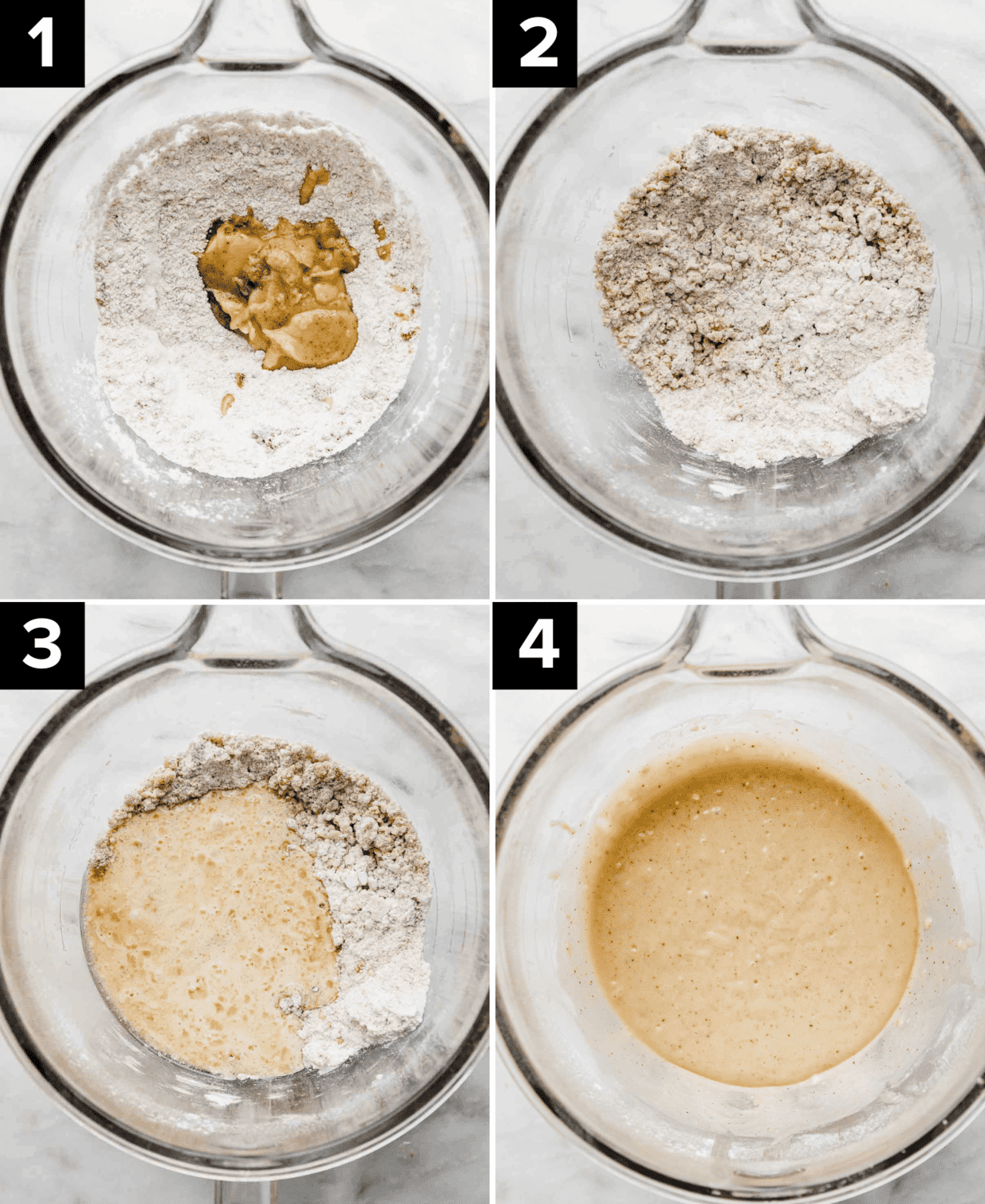 Four images showing a glass stand mixer bowl with flour and brown butter and other wet ingredients being added in segments to create a Butterscotch Cupcake batter.