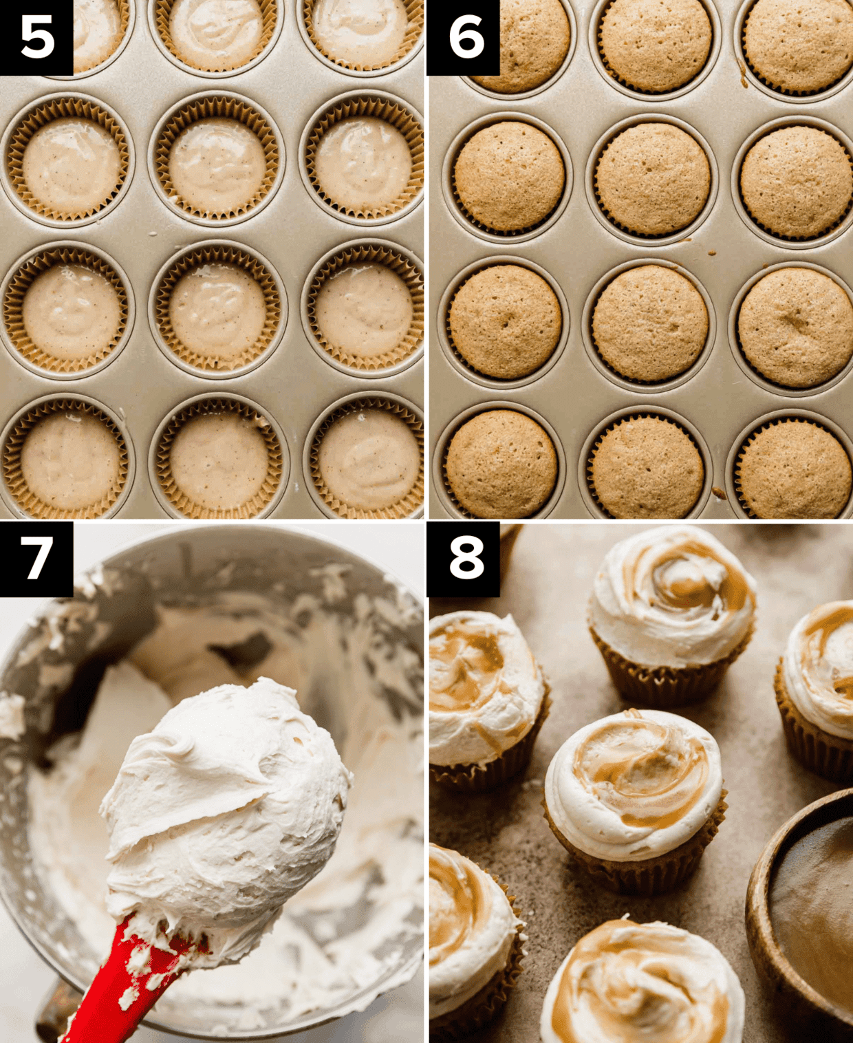 Four photos, top left is Butterscotch Cupcakes unbaked, in a muffin tin. Top right photo is baked Butterscotch Cupcakes in a muffin pan. Bottom left photo is butterscotch frosting on a red spatula, bottom right image is butterscotch frosting and sauce topped Butterscotch Cupcakes.