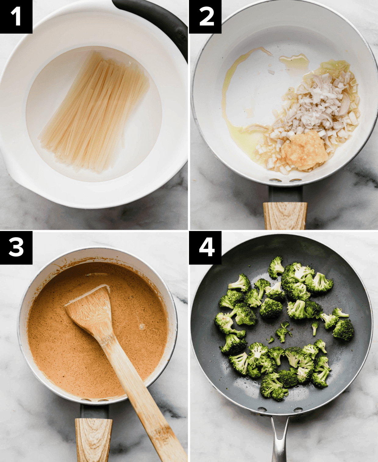 Four images showing Coconut Curry Noodles, top left: rice noodles in white bowl, top right is white pot with diced onion and ginger, and bottom left is curry sauce in white saucepan, top right is broccoli in saucepan.