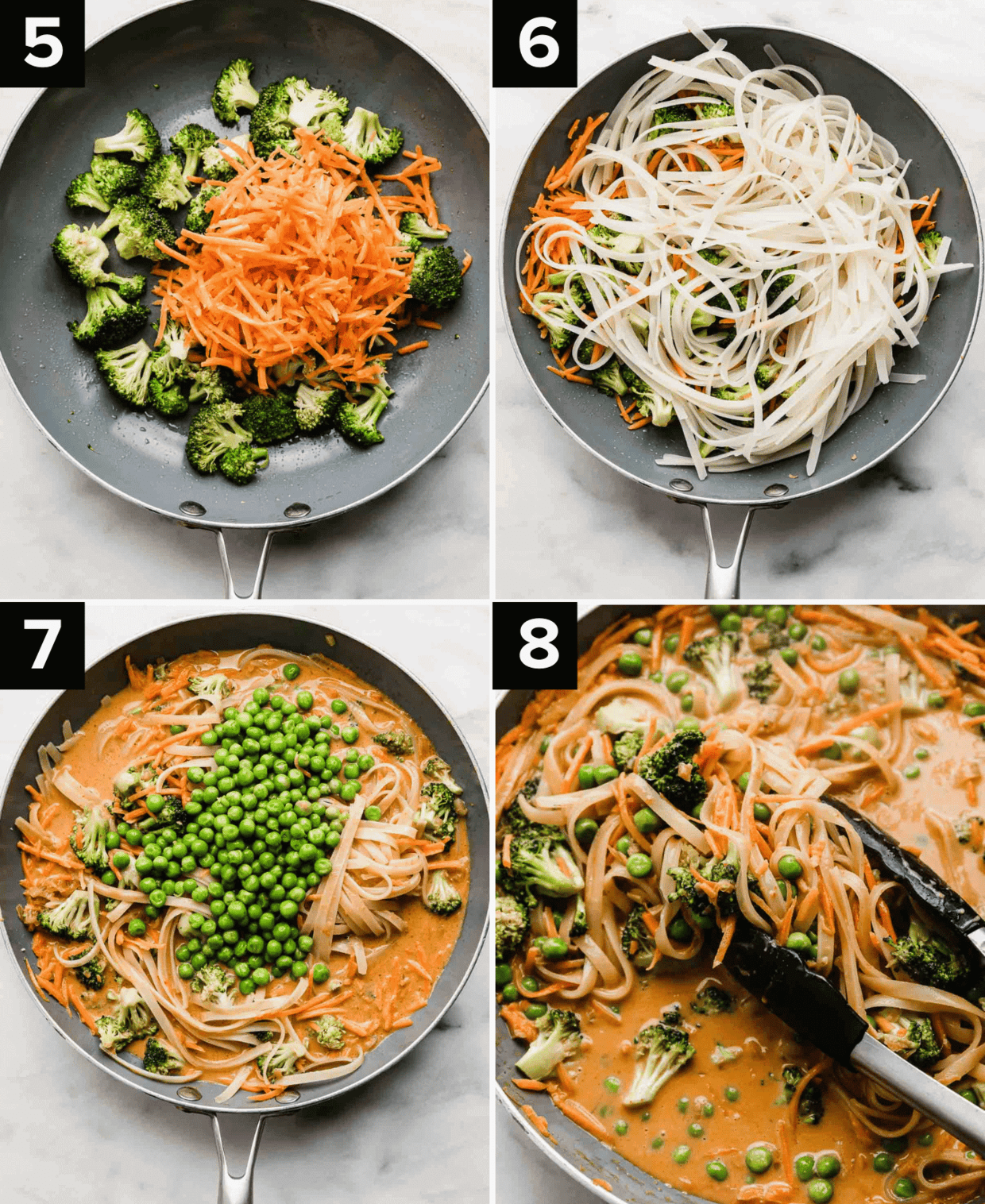 Four images top left is skillet with broccoli and matchstick carrots, top right is rice noodles in skillet, bottom left is Coconut Curry Noodles in skillet, and bottom right is tongs holding Coconut Curry Noodles.