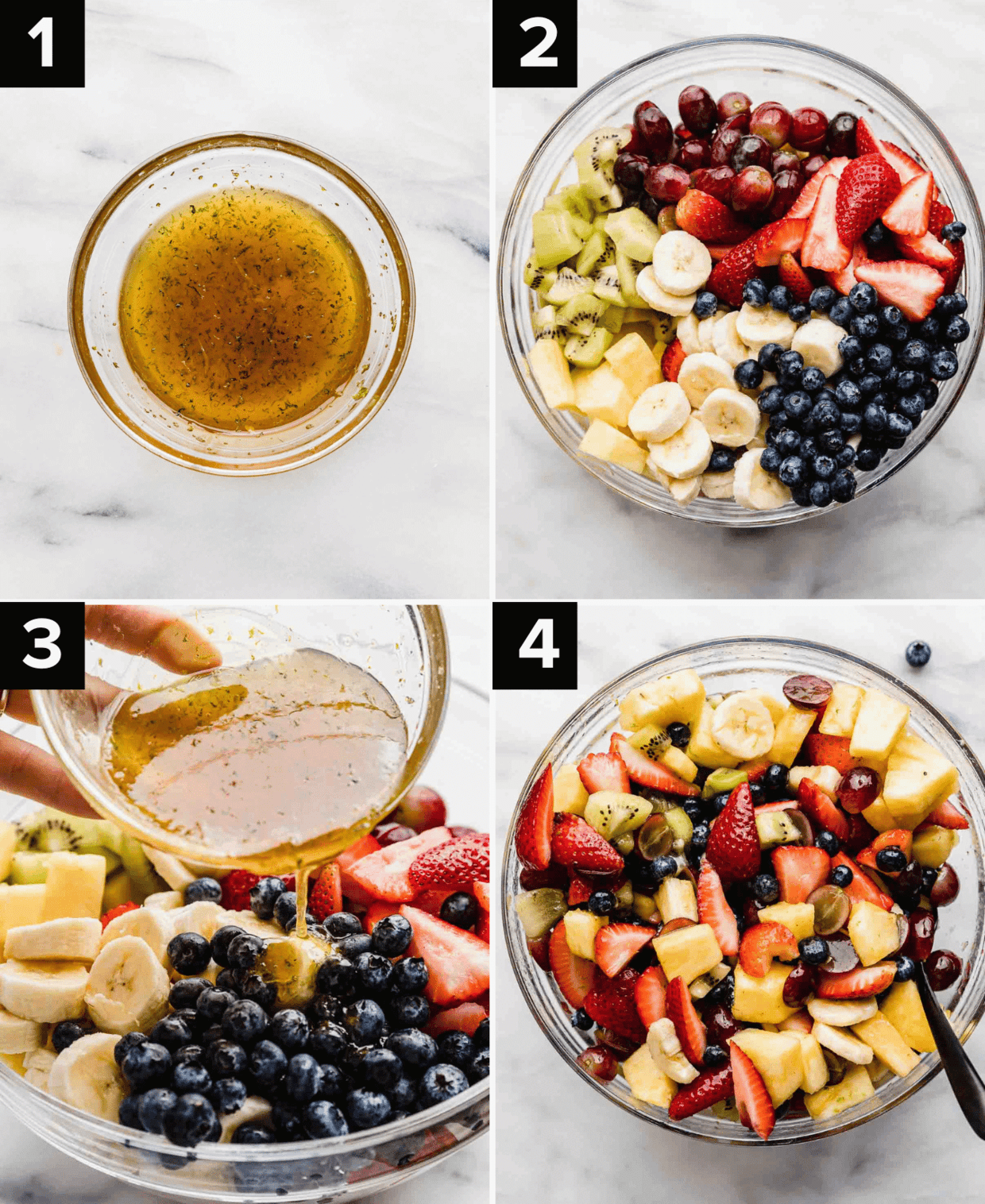 Four images showing how to make a Fruit Cocktail salad with a honey lime dressing.