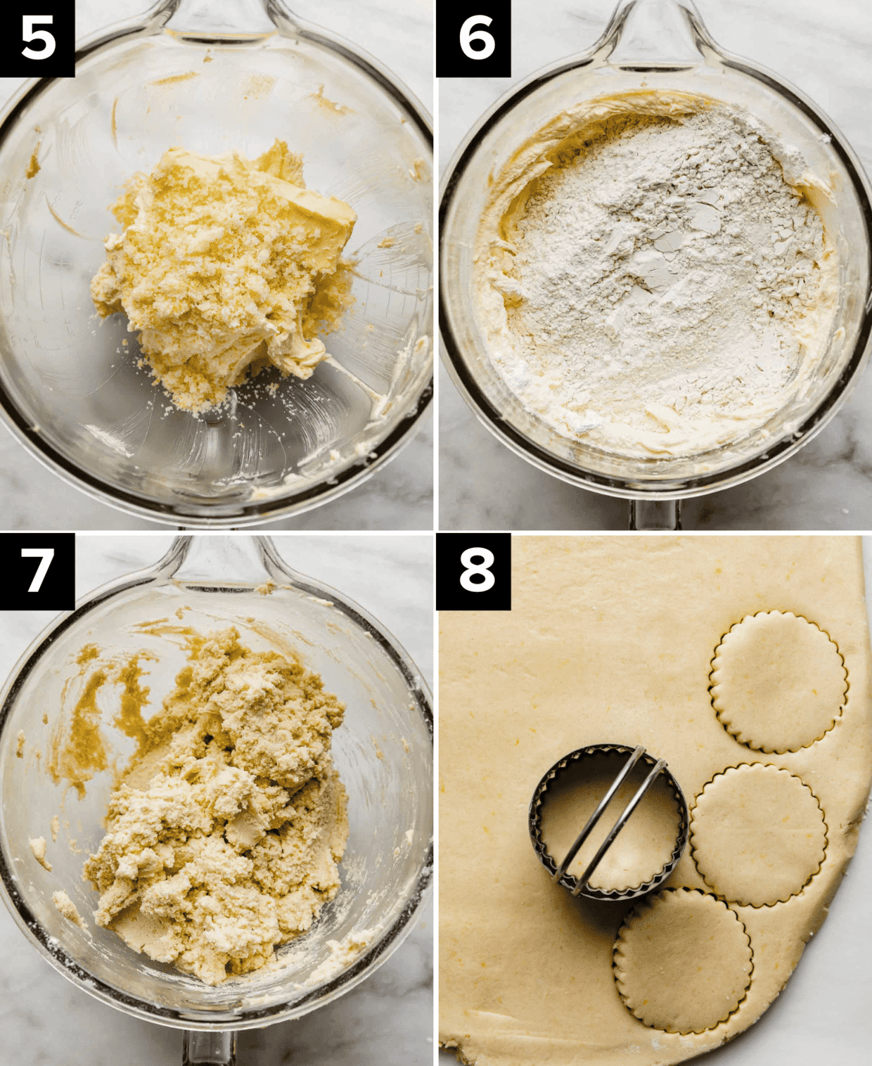 Four images, top left image is creamed butter and sugar in glass bowl, top right is a glass bowl with creamed butter and sugar and flour overtop, bottom left is Lemon Shortbread Cookie dough in glass bowl, bottom right image is Lemon Shortbread Cookie dough spread into thick layer and round cookie cutter on the dough.