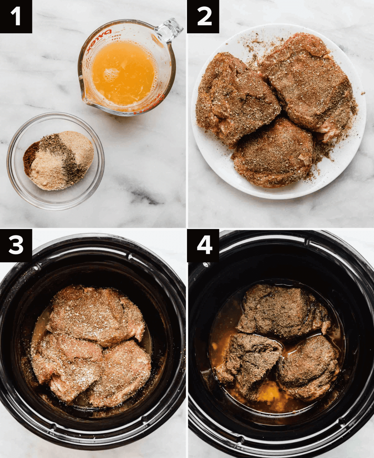 Four photos showing the process of how to make pork carnitas, top left image is a glass bowl of seasonings and a bowl of orange juice on white background, top right is raw pork shoulder with seasoning rubbed on it, bottom left photo is raw seasoned pork in a black slow cooker, bottom right photo is juicy pork shoulder in a slow cooker.