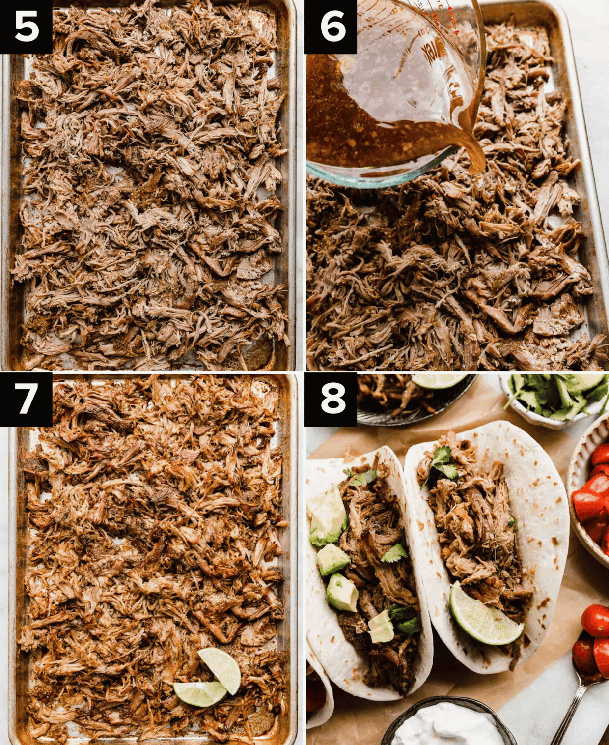 Four images showing Mexican pulled pork on a baking sheet, top right image has leftover pork juice being poured overtop, bottom left is crispy pulled pork on a baking sheet, bottom right is pork carnitas in flour tortillas.