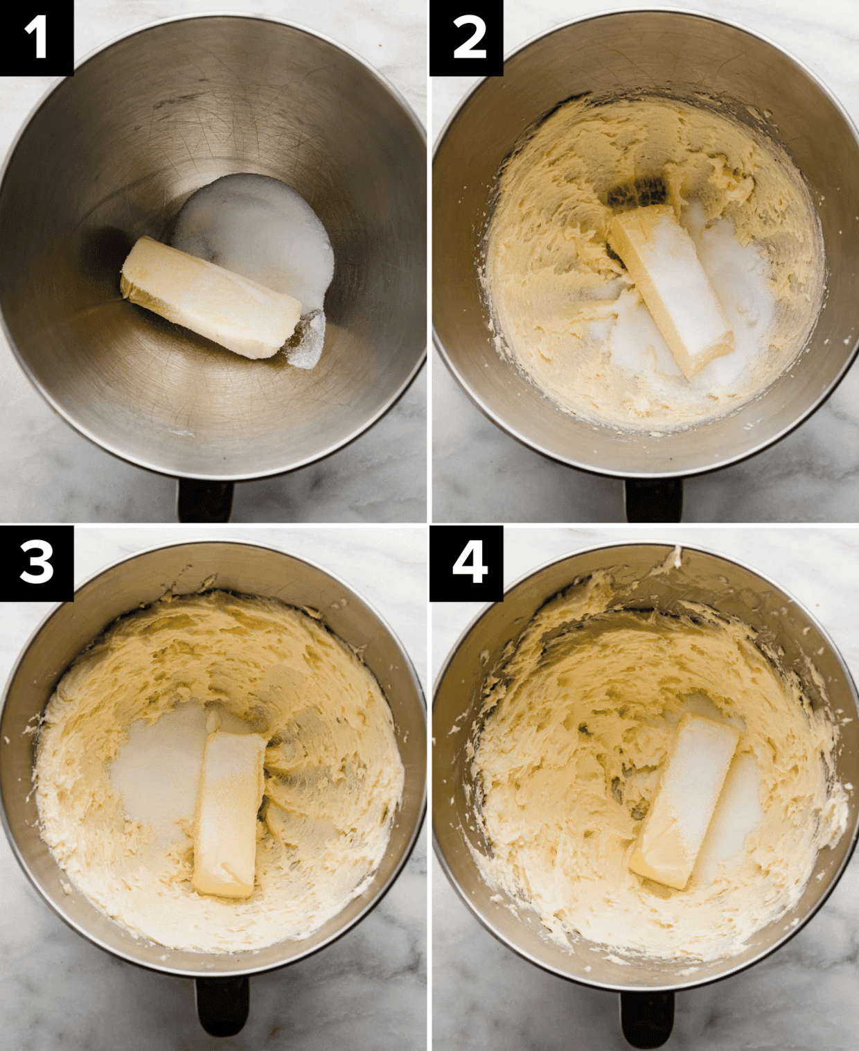 Four images showing the making of Grandma's Shortbread Cookies, a silver mixing bowl with butter and sugar being creamed in stages.