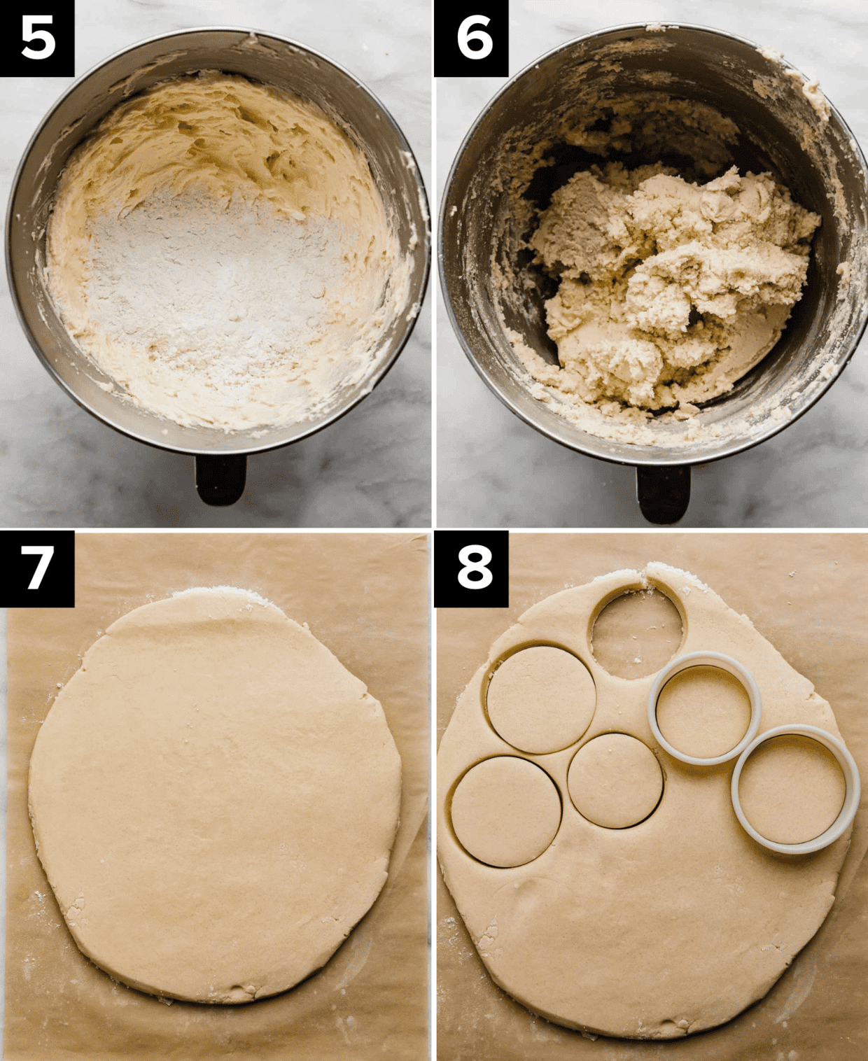 Four photos showing how to make shortbread, top left is creamed butter, sugar, and flour, top right is shortbread cookie dough, bottom left is shortbread dough rolled into an oval, bottom right is round cutter cutting shortbread cookies from the dough.