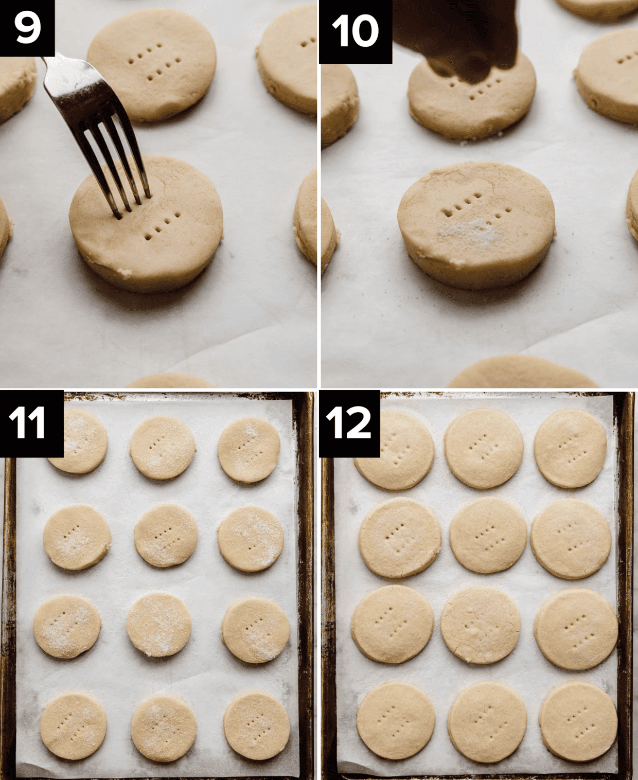 Four photos showing the making of Grandma's Shortbread Cookies, top left photo is a fork pressing to a round shortbread cookie, top right is sugar sprinkled overtop, bottom left is shortbread on baking sheet, bottom right is baked shortbread cookies on a baking sheet.