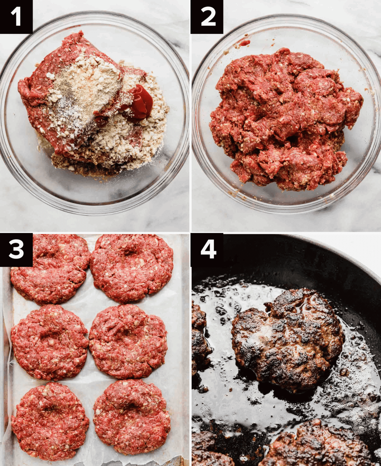 Four images showing how to make Steakhouse Burgers, top left is ground beef with seasonings, top right image is everything combined, bottom left is 6 raw steakhouse burger patties on a baking sheet, bottom right is a Steakhouse Burger cooking on a skillet.