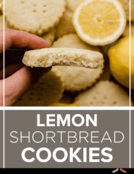 A hand holding a Lemon biscuit with the words, "Lemon Shortbread Cookies" written below the image.