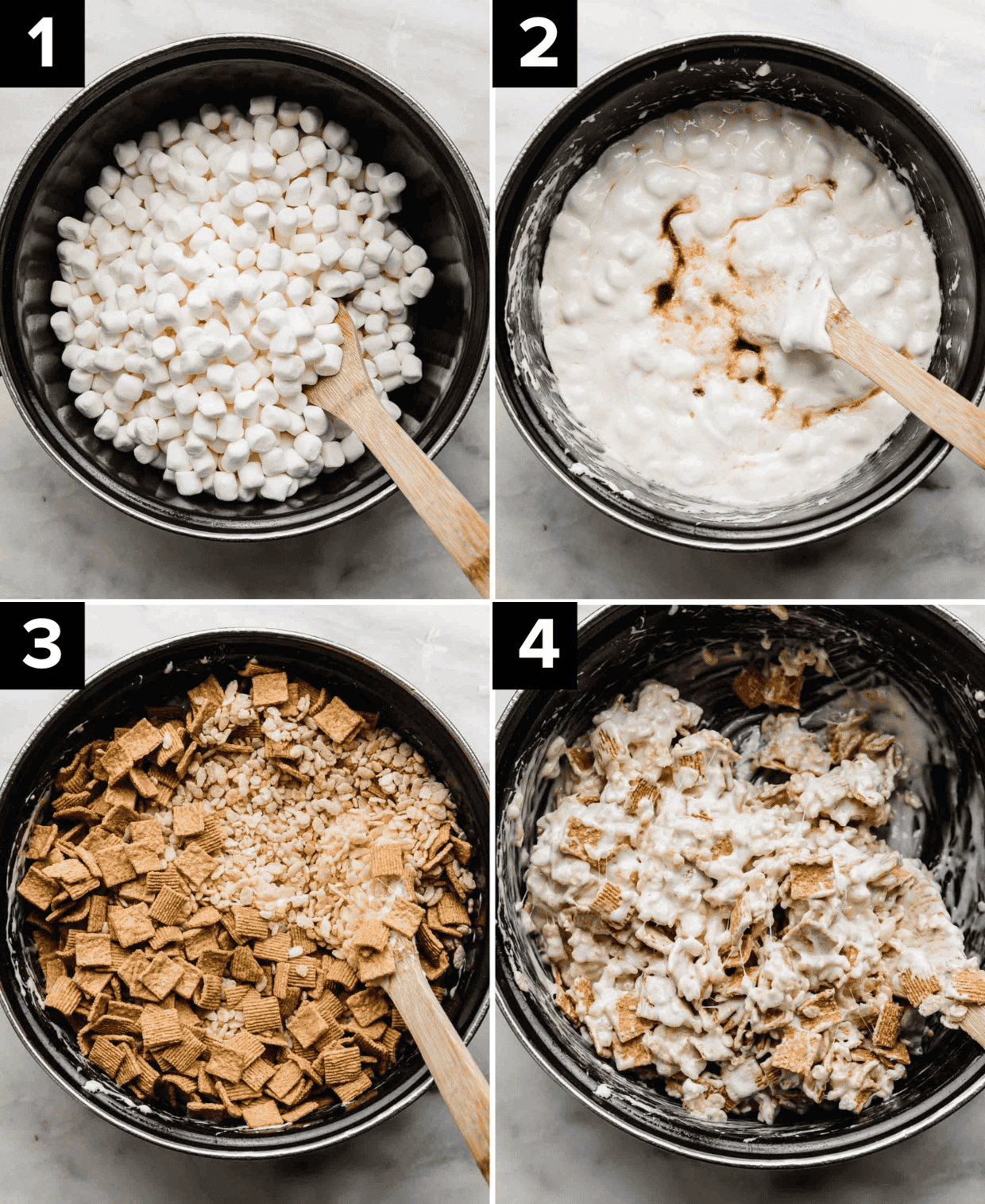 Four images showing how to make S'mores Rice Krispie Treats, top left has black pot with mini mallows in it, top right is melted marshmallow in the pot, bottom left has Golden Grahams and rice krispies in the pot, bottom right is S'more Rice Krispie Treats mixture in a pot.