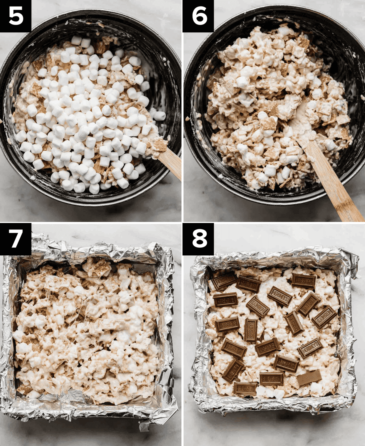 S'more Rice Krispie Treats in a pot, then transferred to a square pan with the Rice Krispies topped with Hershey's chocolate pieces.