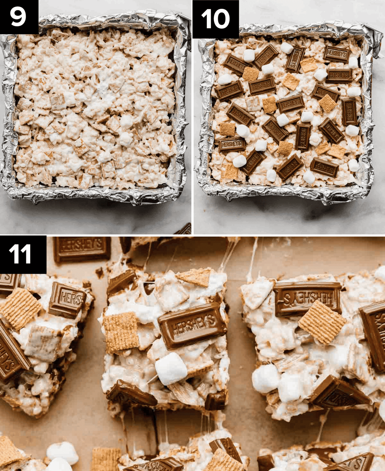 S'mores Rice Krispie Treats topped with Hershey chocolate pieces.