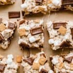 Hershey's chocolate bar and golden graham s'mores Rice Krispies treats on a Kraft background.