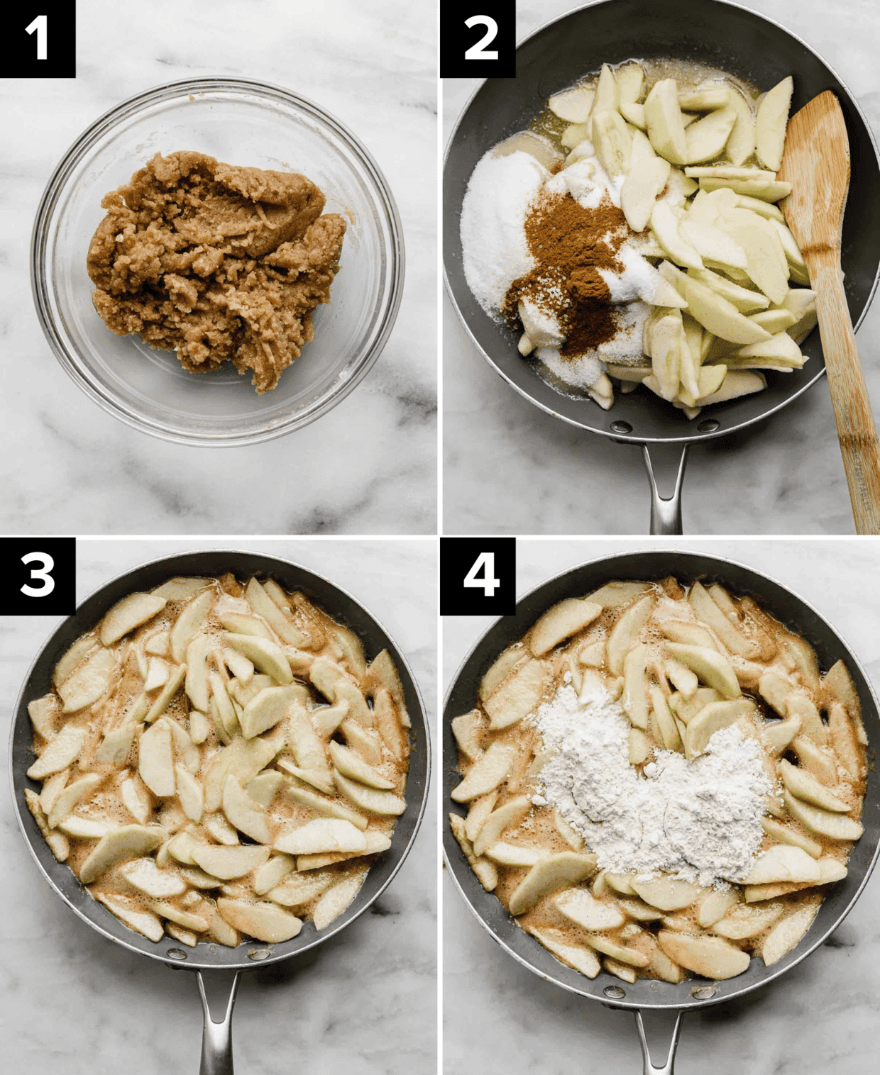 Four images showing the process of making easy apple pie filling in a skillet.