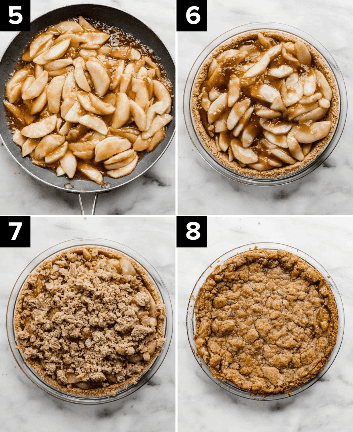 Four images showing how to make an Apple Pie with Graham Cracker Crust, top left is apple pie filling in a skillet, top right is apple pie filling in a graham cracker crust, bottom left is a crumb topped apple pie, and bottom left is a baked apple pie recipe on a white background.