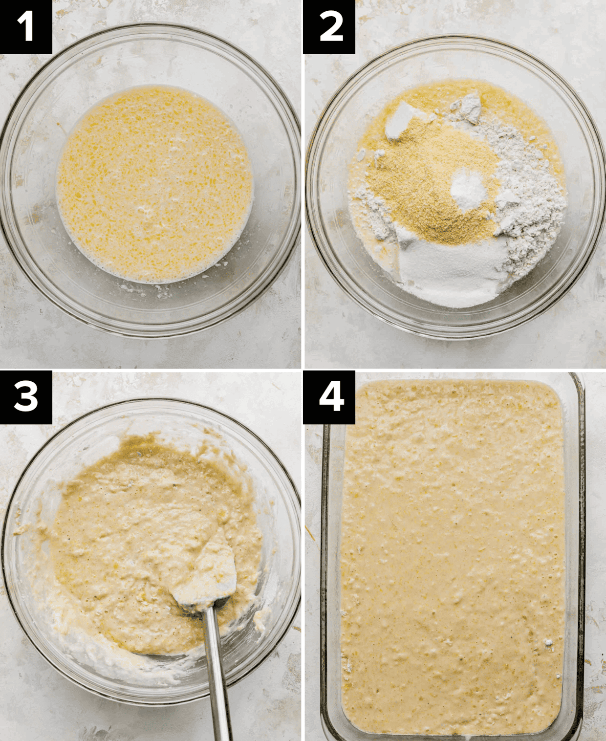 Four images showing how to make Bisquick Cornbread.