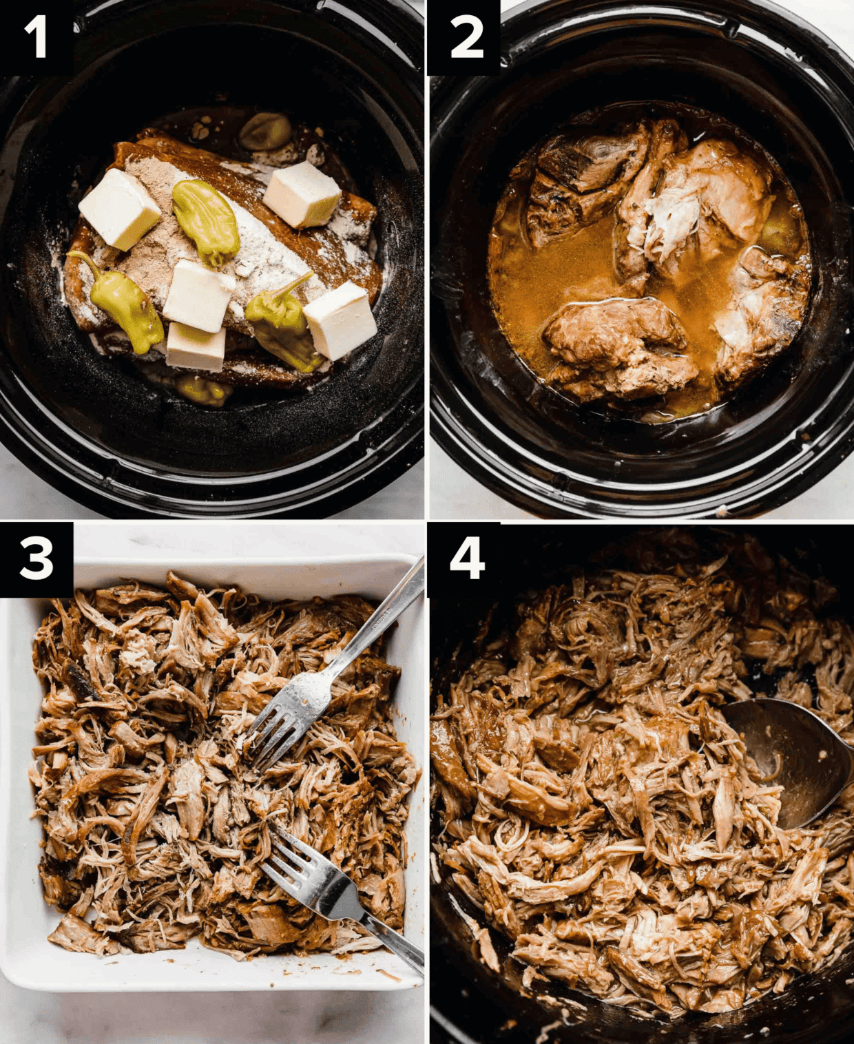 Four images showing how to make a Mississippi Pork Roast in the crock pot, top left is pork shoulder topped with butter and pepperoncini peppers, top right is the meat cooked in a slow cooker, bottom left is shredded pork roast in a white square pan, bottom right is shredded pork roast in a black crockpot.