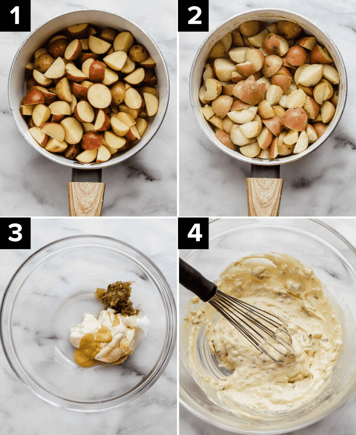Four images top left and right is baby potatoes in saucepan, bottom left glass bowl with mayo, relish, mustard, bottom right is a whisk mixing potato salad dressing.