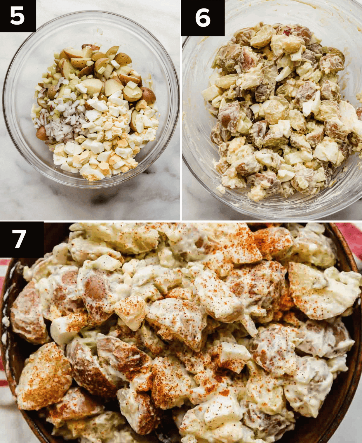 Top left is glass bowls with baby potato salad without being mixed into the mayo dressing, top right is baby potato salad in glass bowl, bottom photo is paprika topped potato salad.