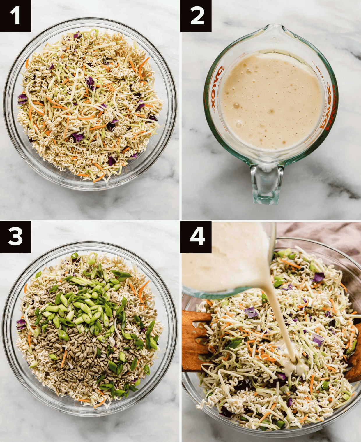 Four images showing how to make Broccoli Slaw, top left is broccoli slaw and ramen noodles in a glass bowl, top right photo is asian style white colored dressing to use over broccoli slaw, bottom left image is green onions over broccoli slaw, bottom right shows dressing being poured overtop Asian Broccoli Slaw.