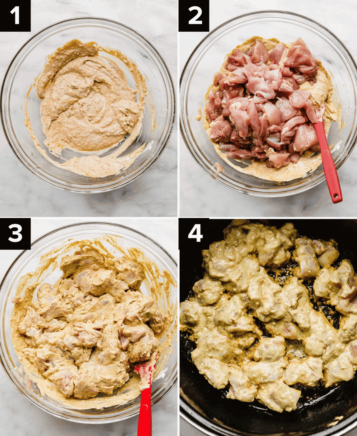 Four images showing how to make the best Chicken Tikka Masala recipe, top left is beige creamy mixture in glass bowl, top right is chicken thighs in glass bowl, bottom left is cream colored creamy mixture covering raw chicken thigh pieces, bottom right is light yellow coated chicken thighs in a skillet.
