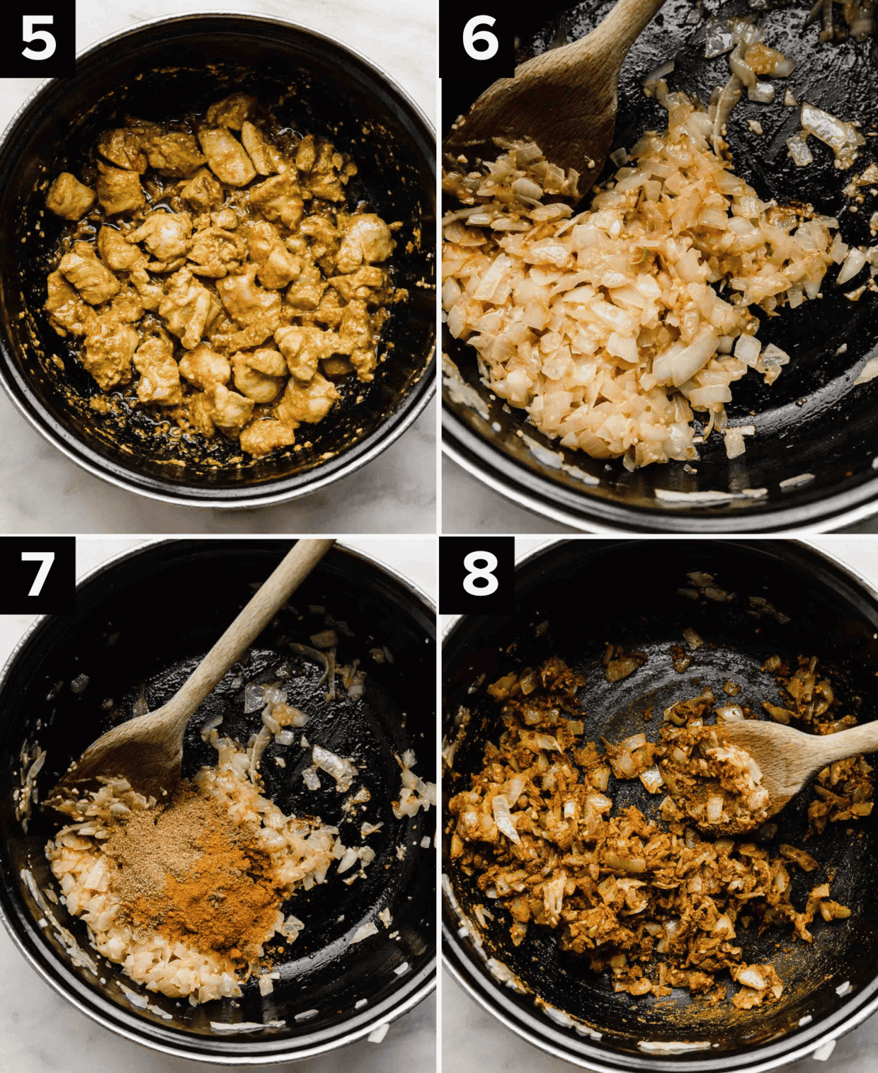 Four images showing the making of chicken thigh tikka masala; top right is chicken masala marinaded chicken in black pot, top right is onions in black pot, bottom left is diced onions and masala seasonings in a black pot, bottom right is masala spice mixture coated diced onions.