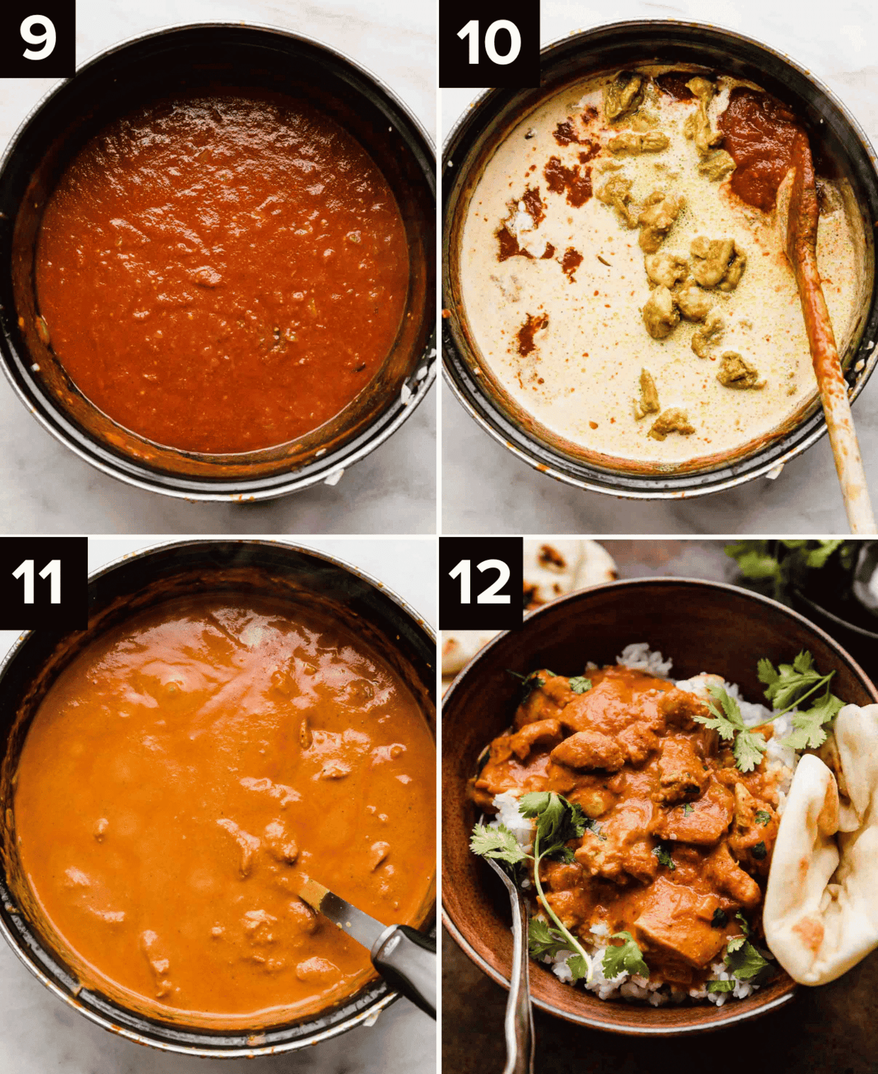 Four images, top left is a red sauce in a black pot, top right is cream and chicken tikka masala chicken thigh pieces in pot, bottom left is a deep orange colored Chicken Tikka Masala in a pot, bottom right is Chicken Tikka Masala topped with cilantro in a brown bowl.