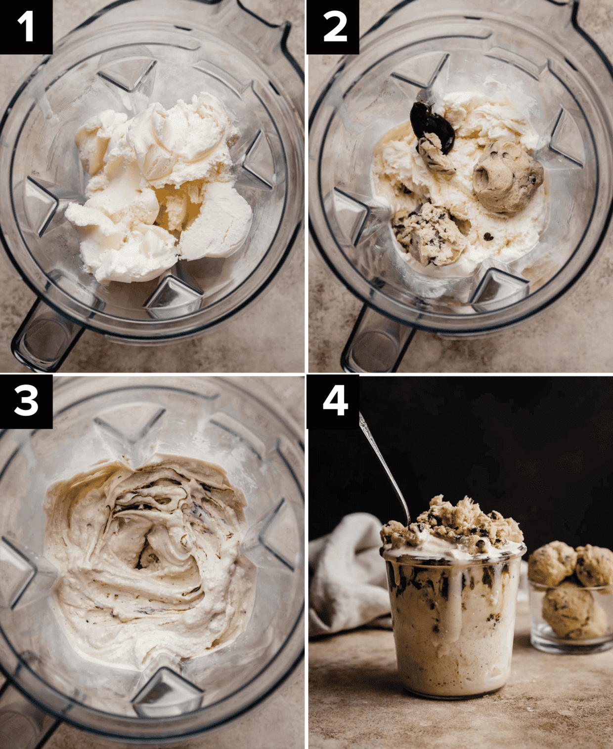 Four images showing how to make a Chocolate Chip Cookie Dough Blizzard, top left image is ice cream in blender, top right is ice cream and cookie dough chunks in blender, bottom left image is Chocolate Chip Cookie Dough Blizzard in blender, bottom right image is Chocolate Chip Cookie Dough Blizzard in a glass cup.
