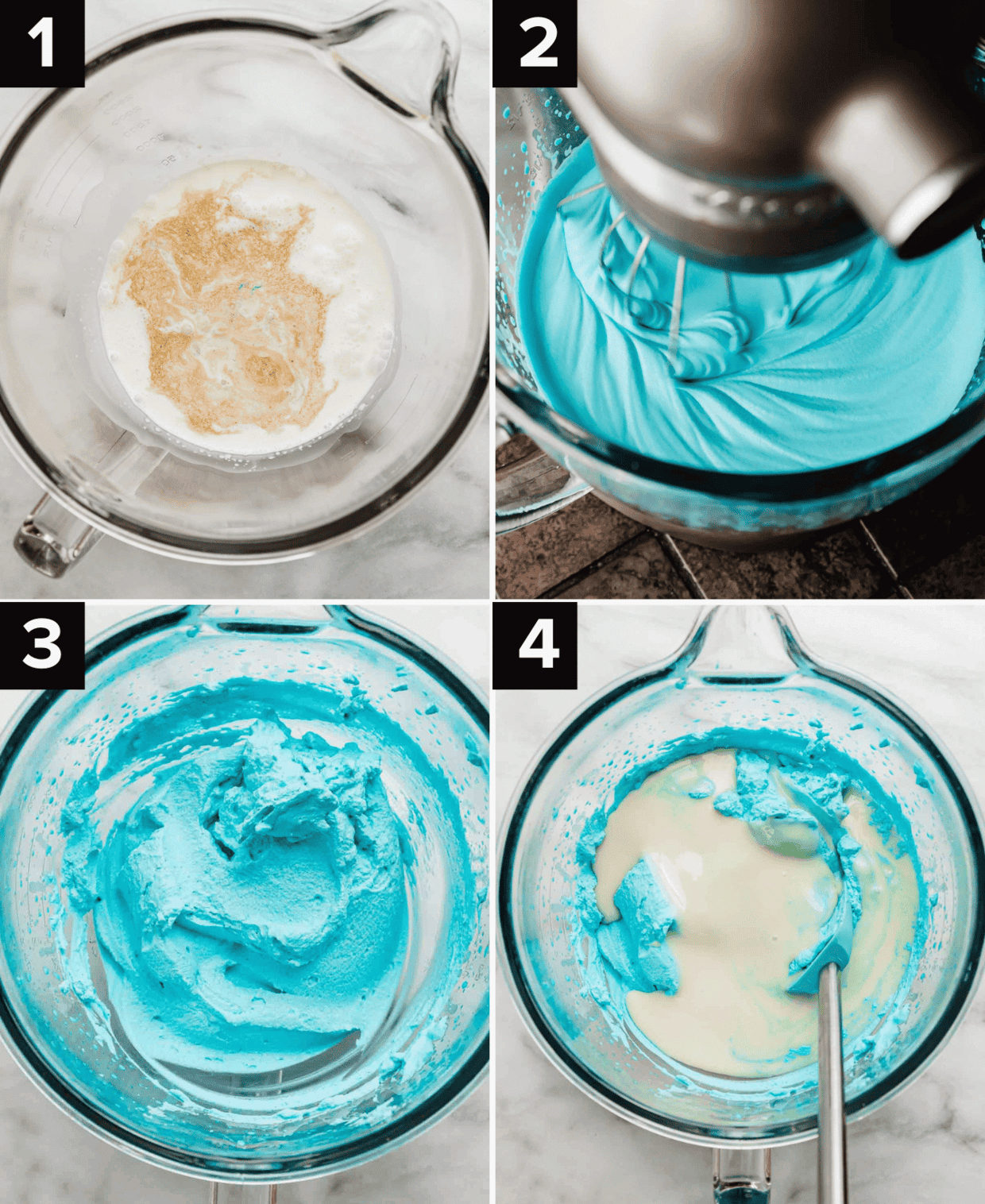 Four images showing how to make Cookie Monster Ice Cream, top left image is heavy cream in glass bowl, right image is blue heavy cream in a mixing bowl being whipped, bottom left is blue whipped cream in bowl, bottom right is sweetened condensed milk in a bowl with blue heavy cream.