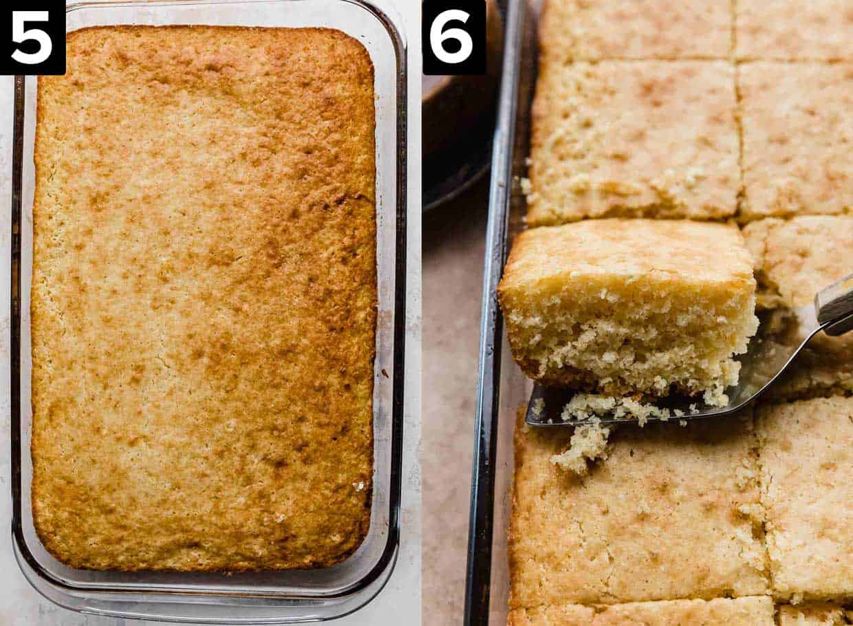 Two images side by side, left image is a baked Bisquick Cornbread recipe in a rectangle baking dish, right image is a square slice of cornbread being lifted by a metal spatula.