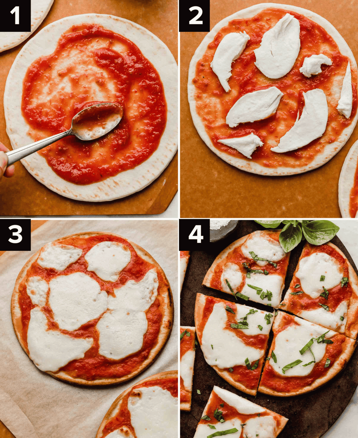 Four images showing how to make Margherita Flatbread pizza, top left image is red tomato sauce being spread over flatbread with the backside of a spoon, top right is fresh mozzarella over a Margherita Flatbread, bottom left image is baked and melted Margherita Flatbread pizza on parchment paper, bottom right image is fresh basil topped Margherita Flatbread pizza.