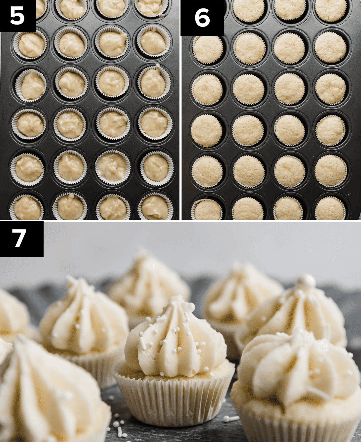 Three images, top left image is unbaked Mini Cupcakes in a mini cupcake tin, top right photo is baked mini vanilla cupcakes, bottom photo is frosted Mini Cupcakes.