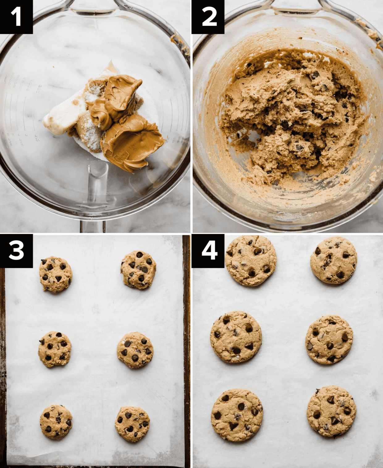 Four images showing how to make Peanut Butter Chocolate Chip Cookies, top left is glass bowl with butter, sugar and peanut butter in it, top right image is Peanut Butter Chocolate Chip Cookie dough in a glass bowl, bottom left photo is six cookie dough balls on a baking sheet, bottom right image is six baked Peanut Butter Chocolate Chip Cookies on a white parchment covered baking sheet.