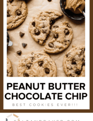 A Peanut Butter Chocolate Chip Cookie split in half with the words, "Peanut Butter Chocolate Chip Cookies" written in black text below the photo.