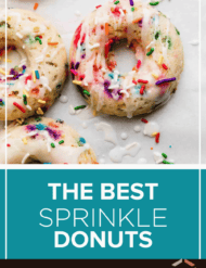 Funfetti donuts on a white background with the words, "The best sprinkle donuts" written in white text below the photo.