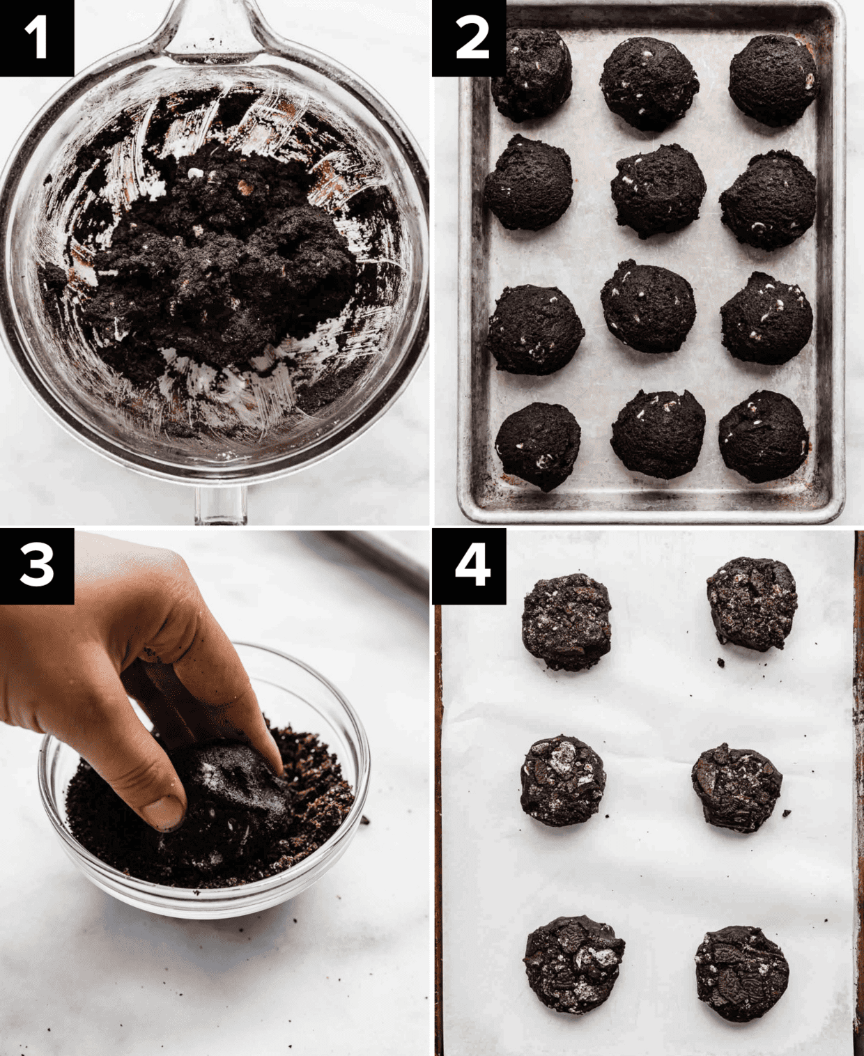 Four images showing how to make Crumbl Chocolate Cookies and Cream Cookies using black cocoa powder, white chocolate chips, and Oreo's.