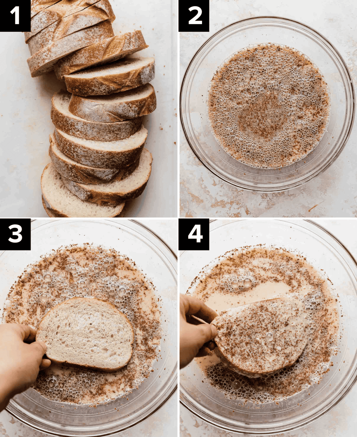 Four images showing how to make the best French toast with French bread, top left image is French bread sliced, top right is cinnamon French toast egg batter in glass bowl, bottom left image is slice of bread dipped into bread mixture, and bottom right is the other side of bread dipped into egg mixture.