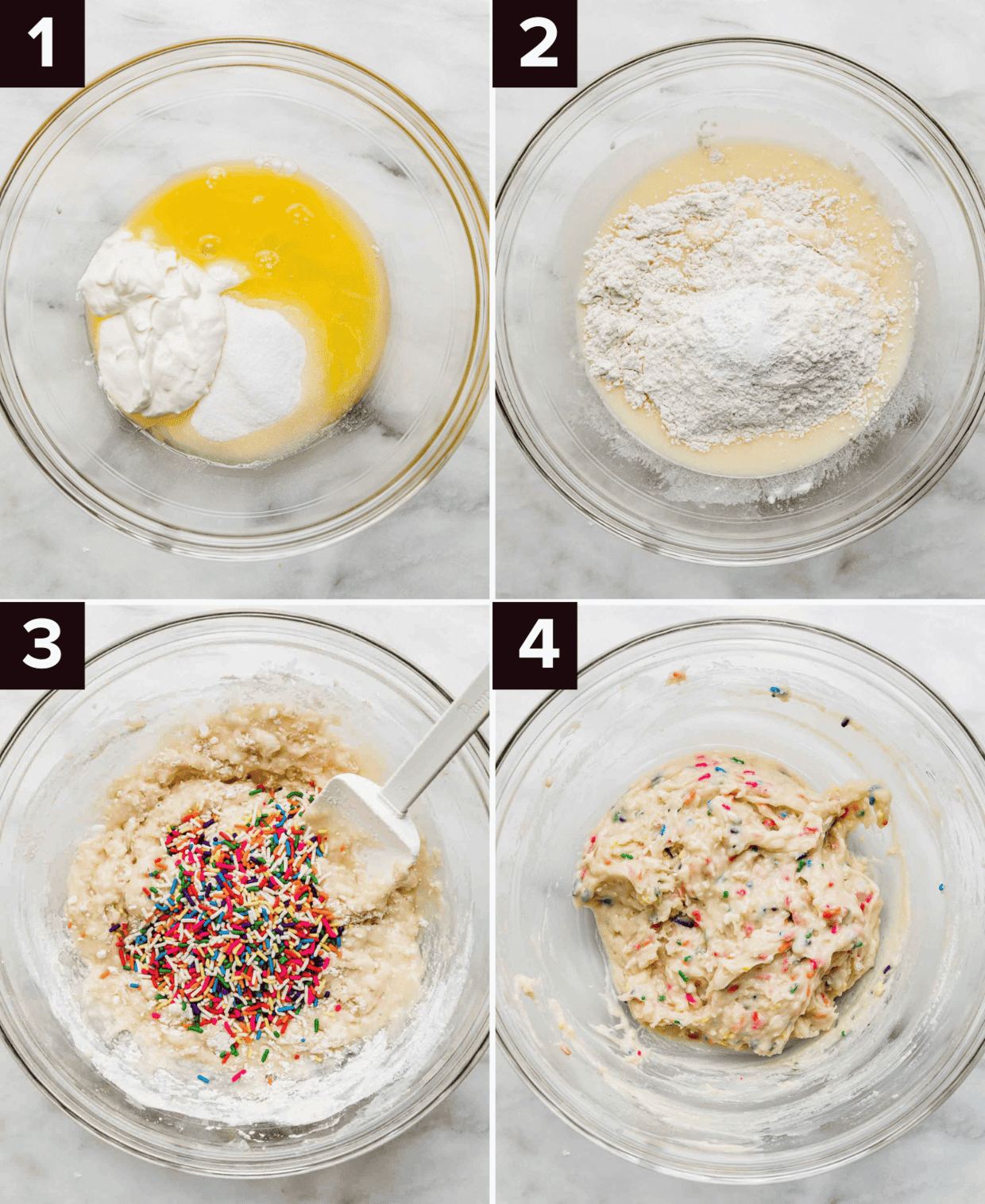 Four images showing the process of how to make funfetti donuts, top left is glass bowl with sour cream and butter in it, top right is flour on top of a yellow batter in glass bowl, bottom left is colorful sprinkles over a batter, bottom right is funfetti batter in glass bowl.